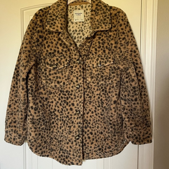 Abercrombie & Fitch Sherpa Shirt Jacket Leopard Cheetah Teddy Shacket Coat L - Picture 1 of 7